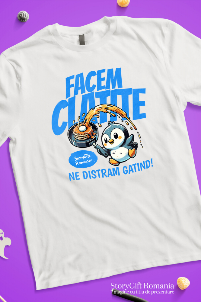 Tricou Femei, Barbati, Copii, Fata, Baiat, Unisex Personalizat Cadou personalizat pentru iubitorii de clătite | Pinguin în bucătărie cu tigaie și distracție în familie [3]