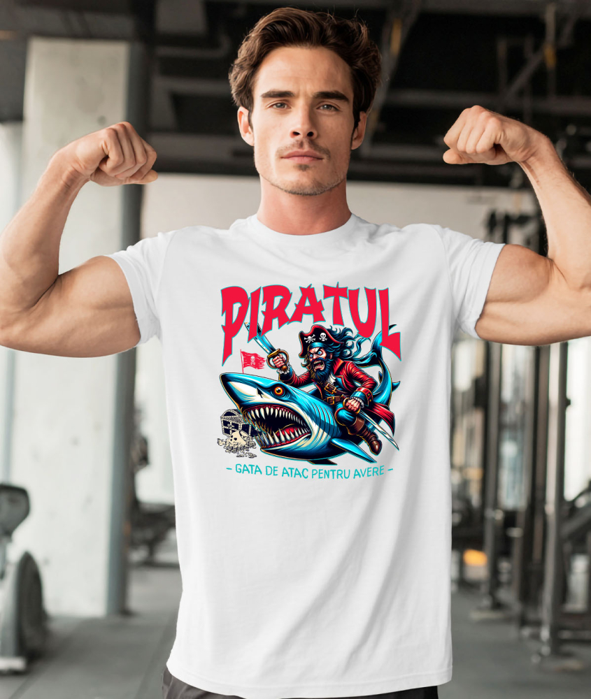 Tricou Femei, Barbati, Copii, Fata, Baiat, Unisex Personalizat Pirat Nervos pe Rechin cu Sabie - Cadou Personalizat pentru Copii și Tati [2]