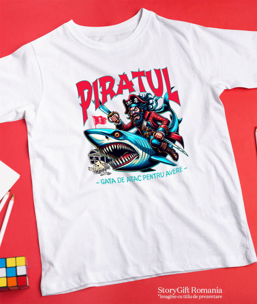 Tricou Femei, Barbati, Copii, Fata, Baiat, Unisex Personalizat Pirat Nervos pe Rechin cu Sabie - Cadou Personalizat pentru Copii și Tati [3]