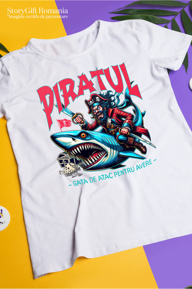 Tricou Femei, Barbati, Copii, Fata, Baiat, Unisex Personalizat Pirat Nervos pe Rechin cu Sabie - Cadou Personalizat pentru Copii și Tati [3]