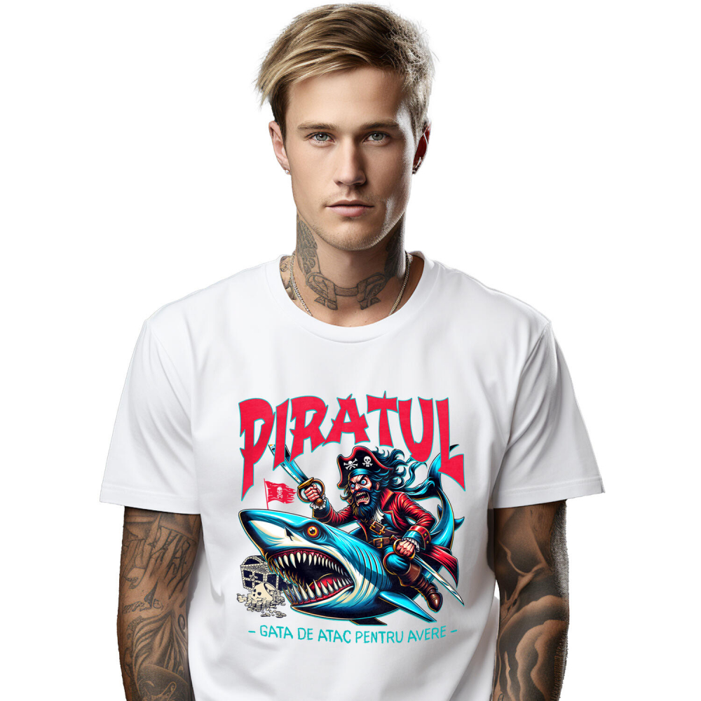 Tricou Femei, Barbati, Copii, Fata, Baiat, Unisex Personalizat Pirat Nervos pe Rechin cu Sabie - Cadou Personalizat pentru Copii și Tati [1]