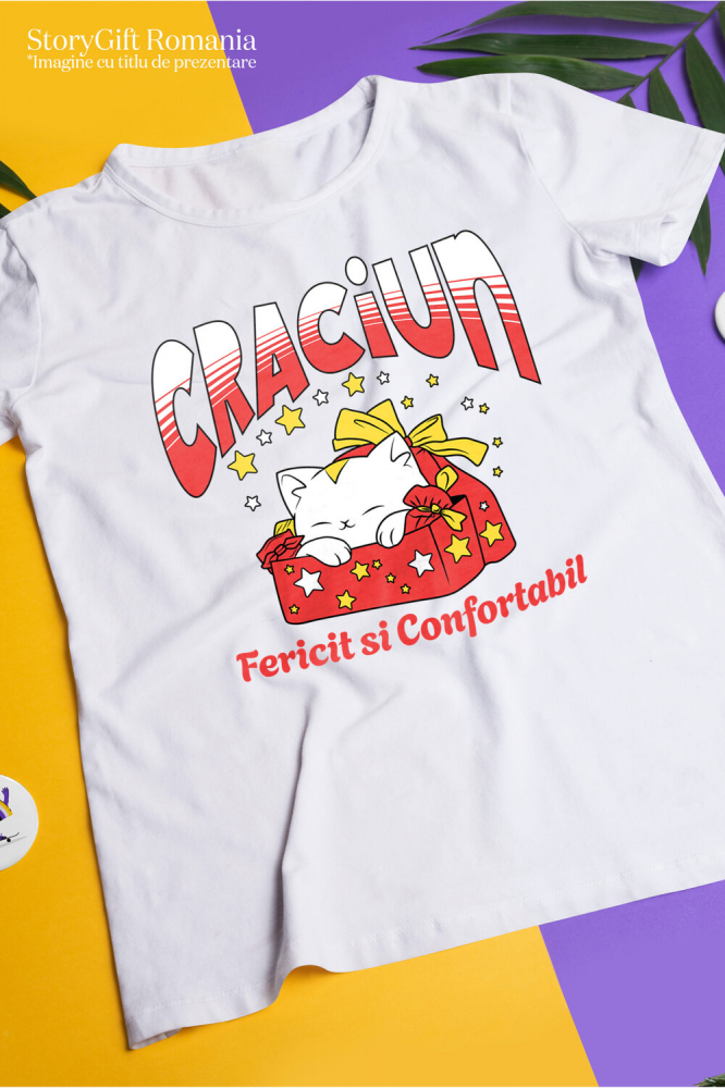 Tricou Femei, Barbati, Copii, Fata, Baiat, Unisex Personalizat Pisica Albă în Cutie de Cadou Roșie – Crăciun Fericit și Confortabil [3]