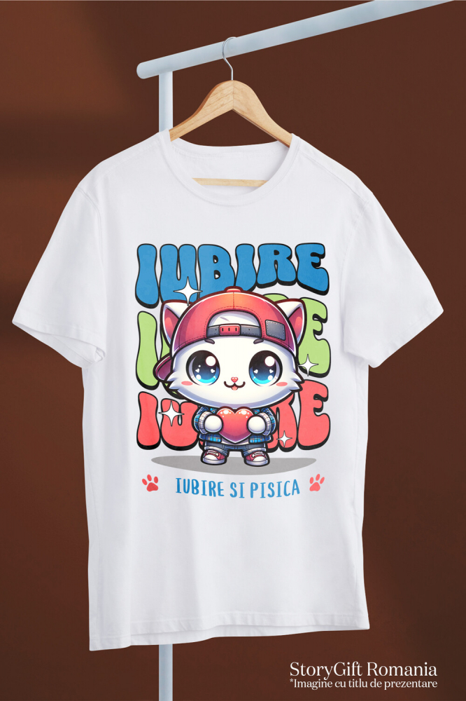 Tricou Femei, Barbati, Copii, Fata, Baiat, Unisex Personalizat Pisica Albă Stil Gangster Cu Pălărie Și Inimă – Cadou Personalizat „Iubire Și Pisica” pentru Iubitorii De Pisici [3]