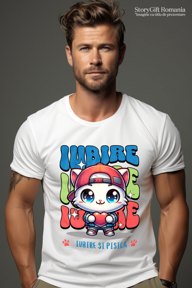Tricou Femei, Barbati, Copii, Fata, Baiat, Unisex Personalizat Pisica Albă Stil Gangster Cu Pălărie Și Inimă – Cadou Personalizat „Iubire Și Pisica” pentru Iubitorii De Pisici [2]
