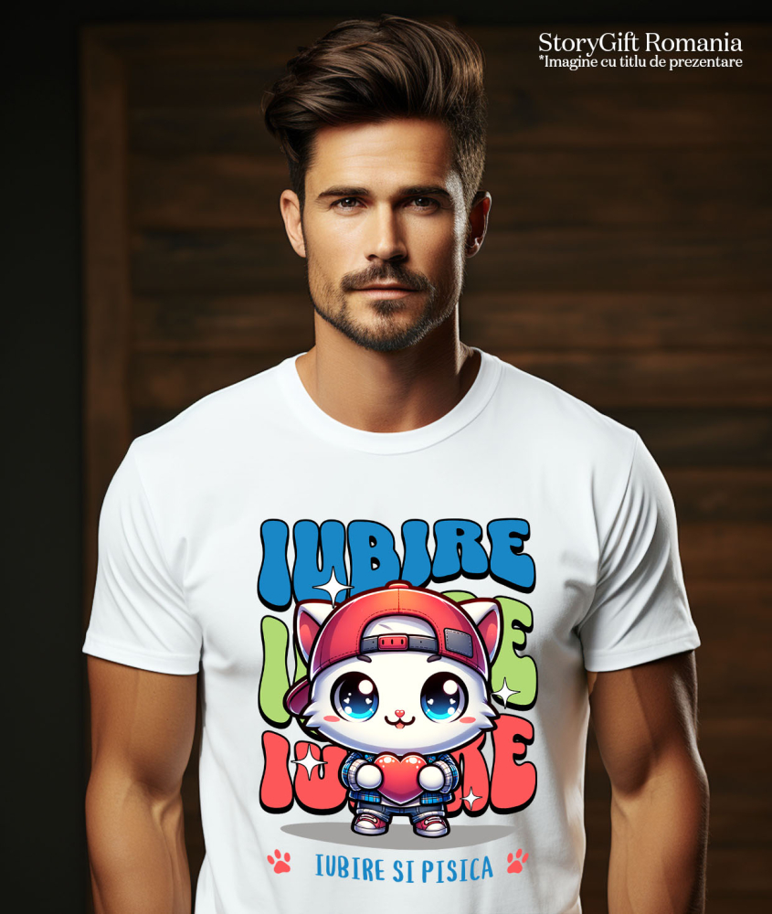 Tricou Femei, Barbati, Copii, Fata, Baiat, Unisex Personalizat Pisica Albă Stil Gangster Cu Pălărie Și Inimă – Cadou Personalizat „Iubire Și Pisica” pentru Iubitorii De Pisici [2]