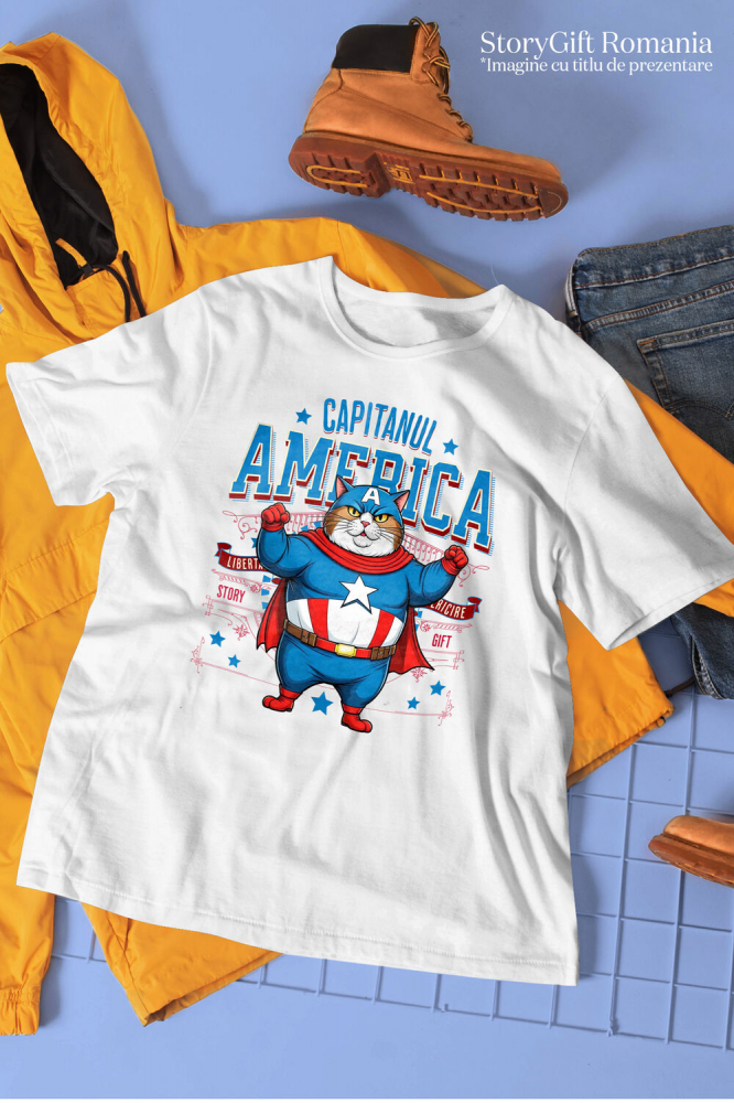 Tricou Femei, Barbati, Copii, Fata, Baiat, Unisex Personalizat Pisica Amuzantă și Pufosă în Costum de Captain America cu Pelerină - Cadou Personalizat pentru Copii și Iubitorii de Pisici [3]