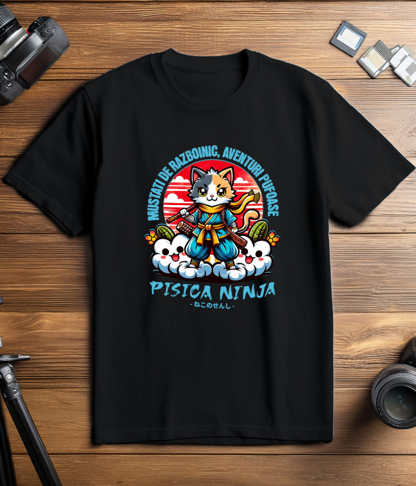 Tricou Femei, Barbati, Copii, Fata, Baiat, Unisex Personalizat Pisică Ninja Colorată cu Mustăți de Războinic – Aventuri Pufoase pe Nori [3]