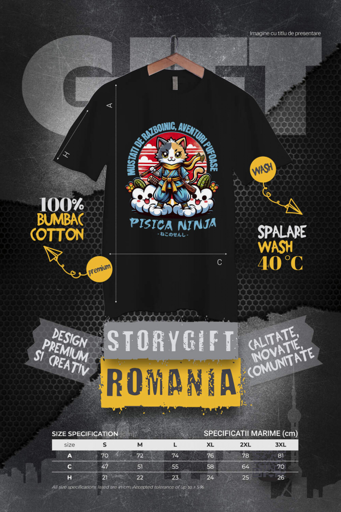 Tricou Femei, Barbati, Copii, Fata, Baiat, Unisex Personalizat Pisică Ninja Colorată cu Mustăți de Războinic – Aventuri Pufoase pe Nori [4]