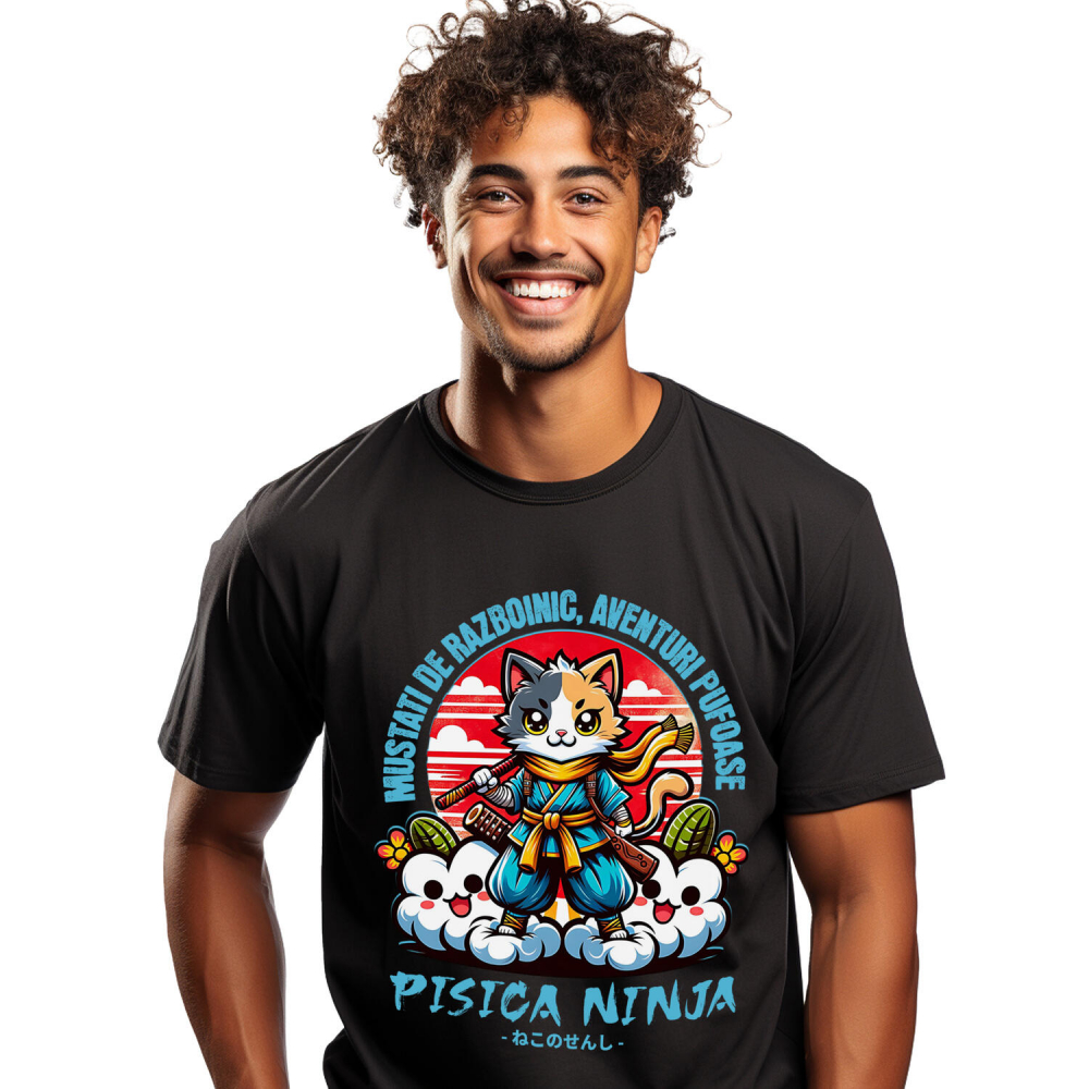 Tricou Femei, Barbati, Copii, Fata, Baiat, Unisex Personalizat Pisică Ninja Colorată cu Mustăți de Războinic – Aventuri Pufoase pe Nori [1]