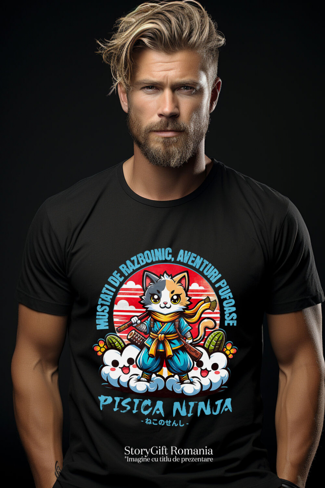 Tricou Femei, Barbati, Copii, Fata, Baiat, Unisex Personalizat Pisică Ninja Colorată cu Mustăți de Războinic – Aventuri Pufoase pe Nori [2]