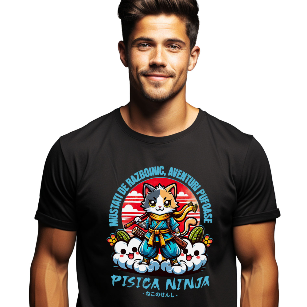 Tricou Femei, Barbati, Copii, Fata, Baiat, Unisex Personalizat Pisică Ninja Colorată cu Mustăți de Războinic – Aventuri Pufoase pe Nori [1]