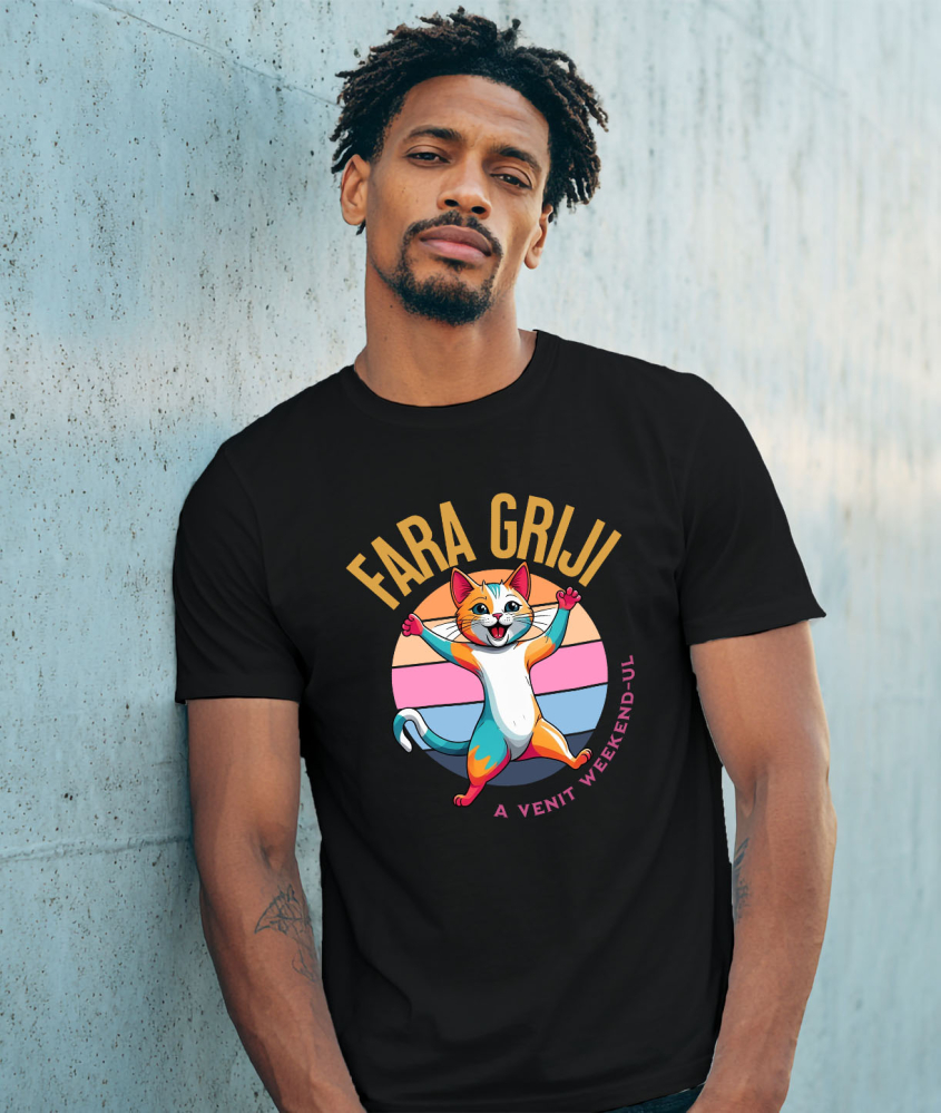 Tricou Femei, Barbati, Copii, Fata, Baiat, Unisex Personalizat Pisica Colorată Veselă „Fără Griji A Venit Weekend-ul” – Cadou Amuzant Pentru Iubitorii De Pisici [2]