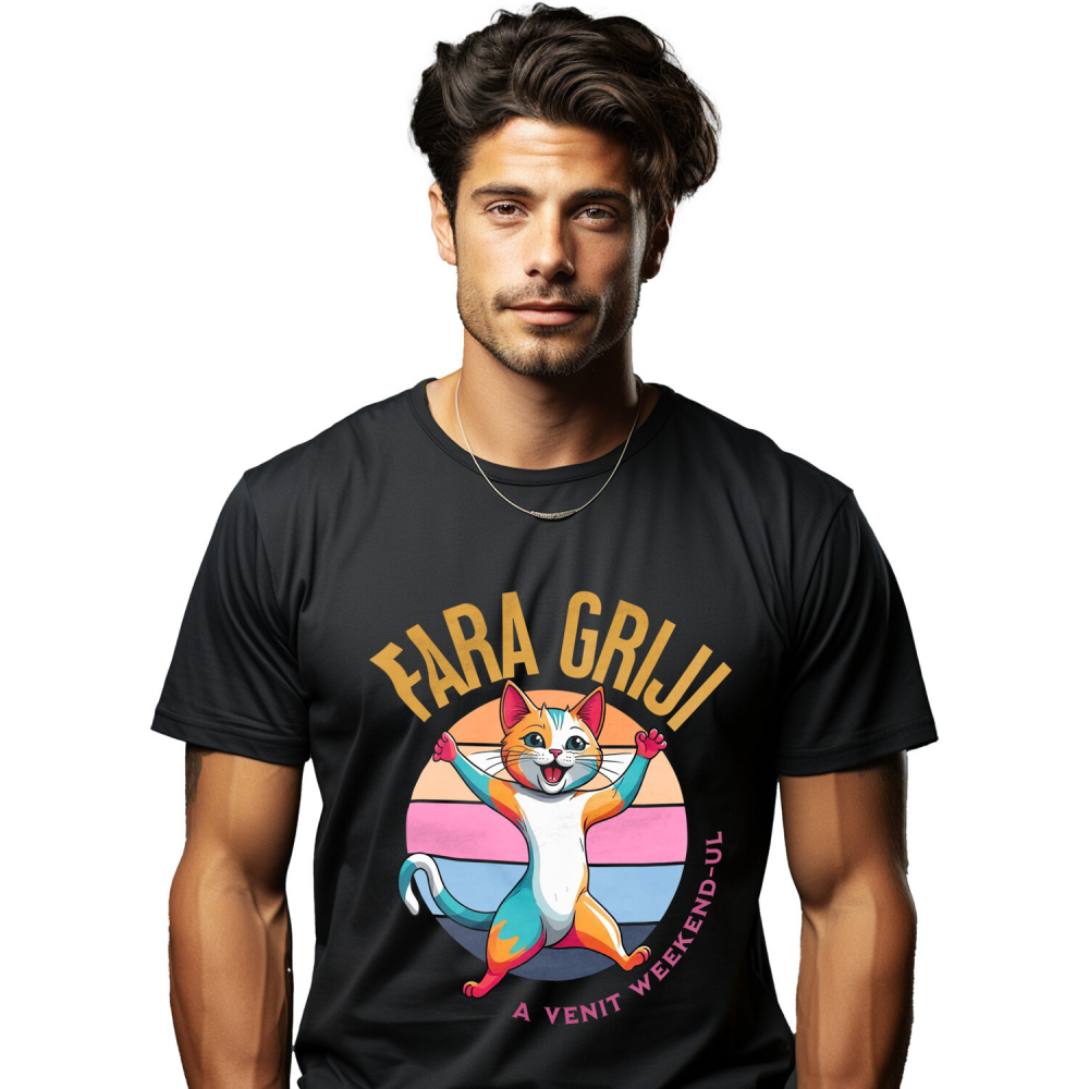 Tricou Femei, Barbati, Copii, Fata, Baiat, Unisex Personalizat Pisica Colorată Veselă „Fără Griji A Venit Weekend-ul” – Cadou Amuzant Pentru Iubitorii De Pisici [1]