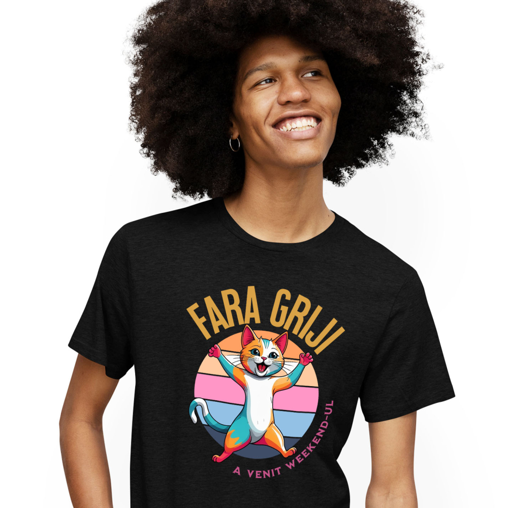 Tricou Femei, Barbati, Copii, Fata, Baiat, Unisex Personalizat Pisica Colorată Veselă „Fără Griji A Venit Weekend-ul” – Cadou Amuzant Pentru Iubitorii De Pisici [1]