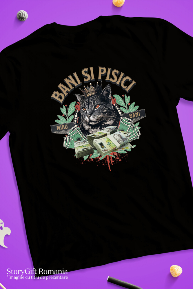 Tricou Femei, Barbati, Copii, Fata, Baiat, Unisex Personalizat Pisică Regină cu Teancuri de Bancnote 500 RON – Cadou Personalizat pentru Familie, Copii, Tati, Prieteni [3]