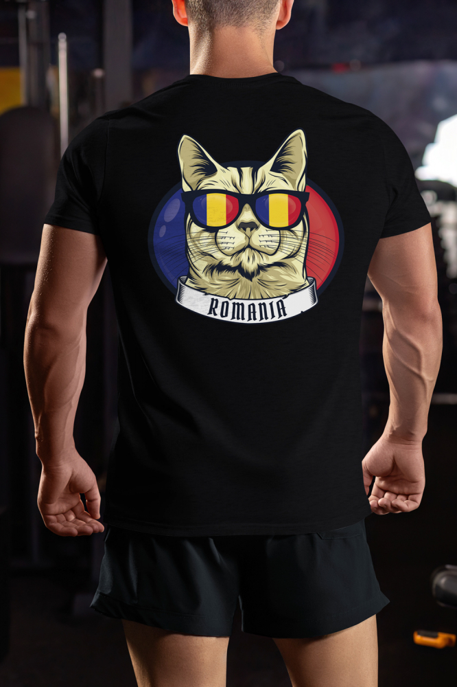 Tricou Barbati cu pisica cu mesajul "Romania", ochelari cu culorile steagului Romaniei, ilustratie, tricolor, gri, rosu, galben, albastru cu Maner Alb cu imprimeu pe Spate, 100% Bumbac,  Negru, M [4]