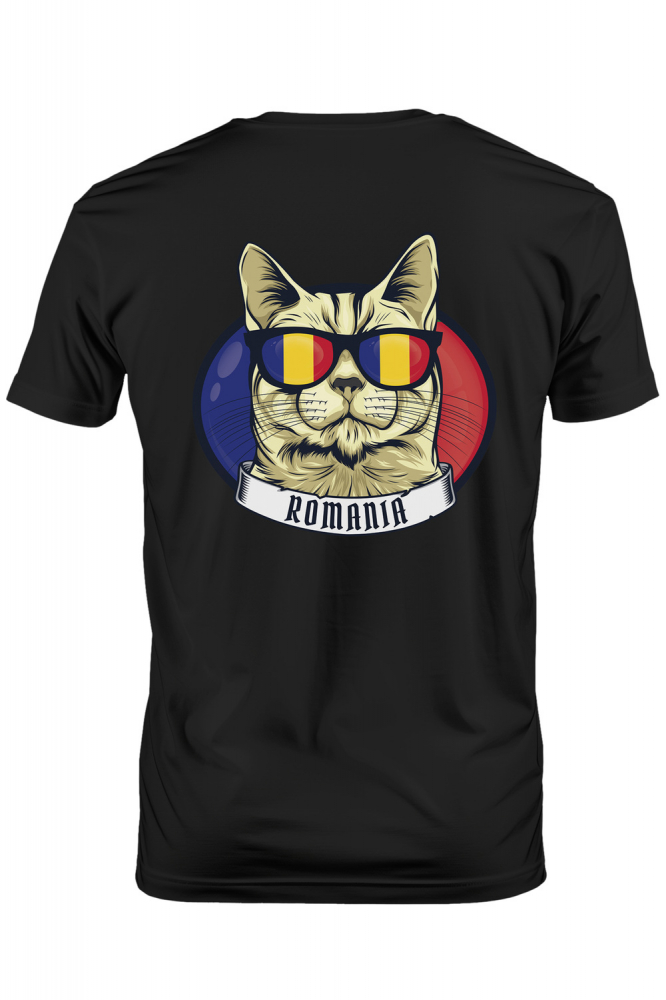 Tricou Barbati cu pisica cu mesajul "Romania", ochelari cu culorile steagului Romaniei, ilustratie, tricolor, gri, rosu, galben, albastru cu Maner Alb cu imprimeu pe Spate, 100% Bumbac,  Negru, M [1]