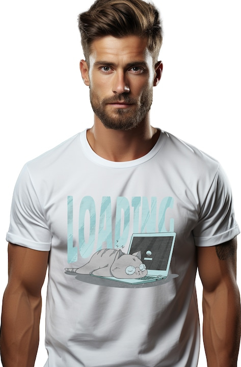 Tricou Barbati Cu Pisica Cu Ochelari Dormind Pe Laptop, Work From Home, Loading, Iubitorii De Pisici Si Motani, cu imprimeu pe Fata, 100% Bumbac, Alb, M [2]
