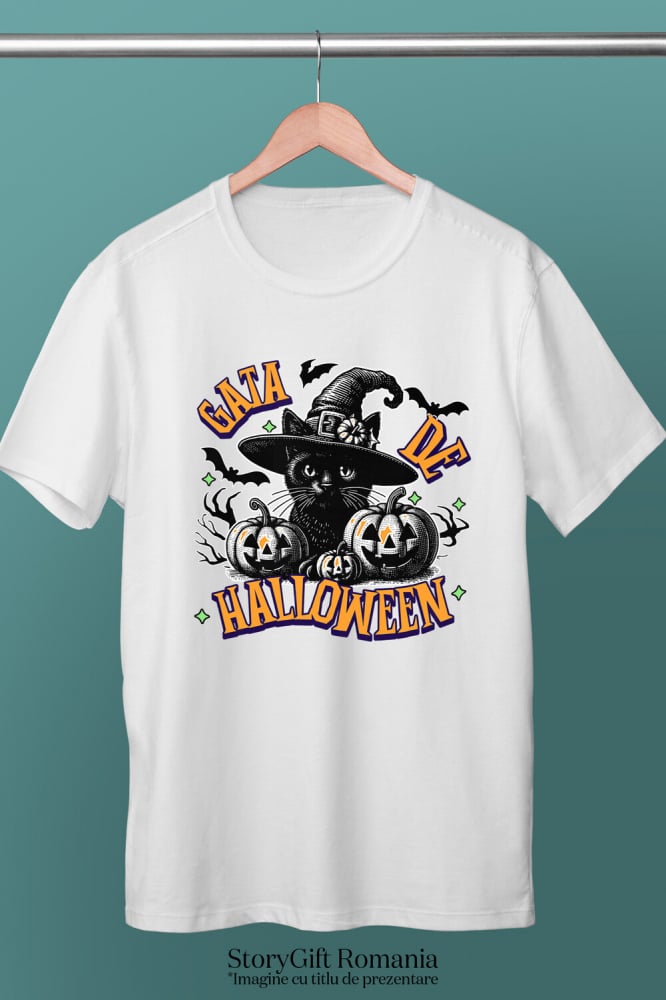 Tricou Femei, Barbati, Copii, Fata, Baiat, Unisex Personalizat Pisica cu Pălărie de Halloween și Dovleci de Horror | Costum Pisică Tematic Halloween [3]
