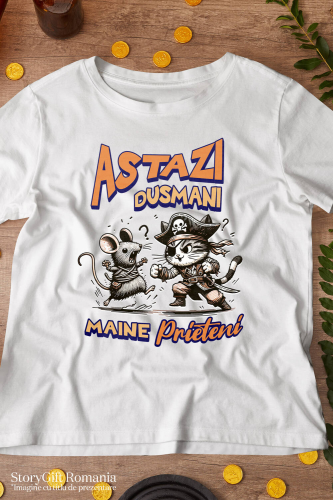 Tricou Femei, Barbati, Copii, Fata, Baiat, Unisex Personalizat Cadouri personalizate pentru copii – Pisica pirat și soarecele în luptă cu mesaj amuzant [3]