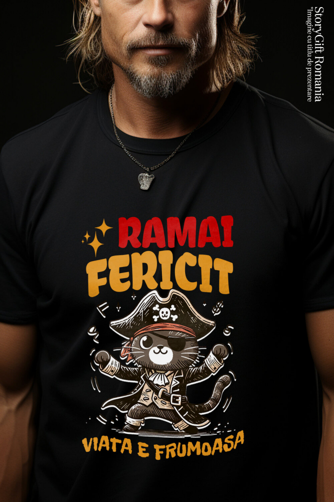 Tricou Femei, Barbati, Copii, Fata, Baiat, Unisex Personalizat Tricou Personalizat Pisică Pirat – "Rămâi Fericit, Viața E Frumoasă" | Cadou Amuzant pentru Iubitori de Pisici [2]
