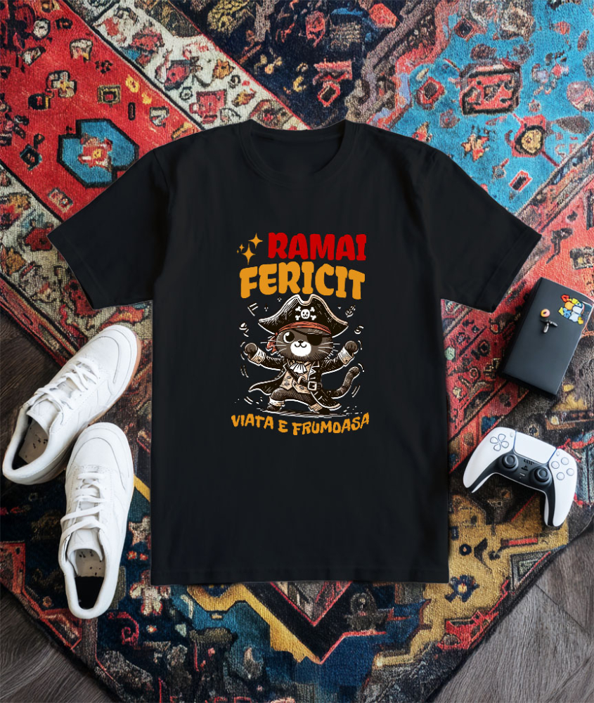 Tricou Femei, Barbati, Copii, Fata, Baiat, Unisex Personalizat Tricou Personalizat Pisică Pirat – "Rămâi Fericit, Viața E Frumoasă" | Cadou Amuzant pentru Iubitori de Pisici [3]