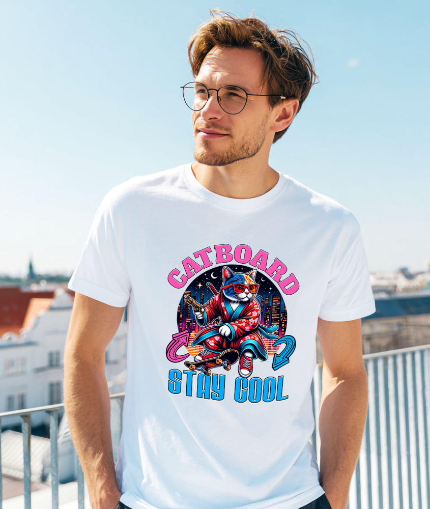 Tricou Femei, Barbati, Copii, Fata, Baiat, Unisex Personalizat Pisica Cu Skateboard – Ținută Asiană Urbană – Stay Cool – Cadou Personalizat Pentru Familie și Iubitorii De Pisici [2]