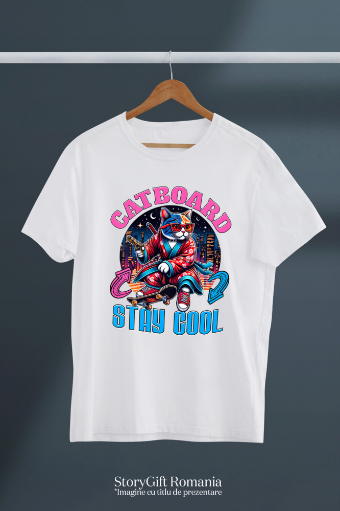 Tricou Femei, Barbati, Copii, Fata, Baiat, Unisex Personalizat Pisica Cu Skateboard – Ținută Asiană Urbană – Stay Cool – Cadou Personalizat Pentru Familie și Iubitorii De Pisici [3]