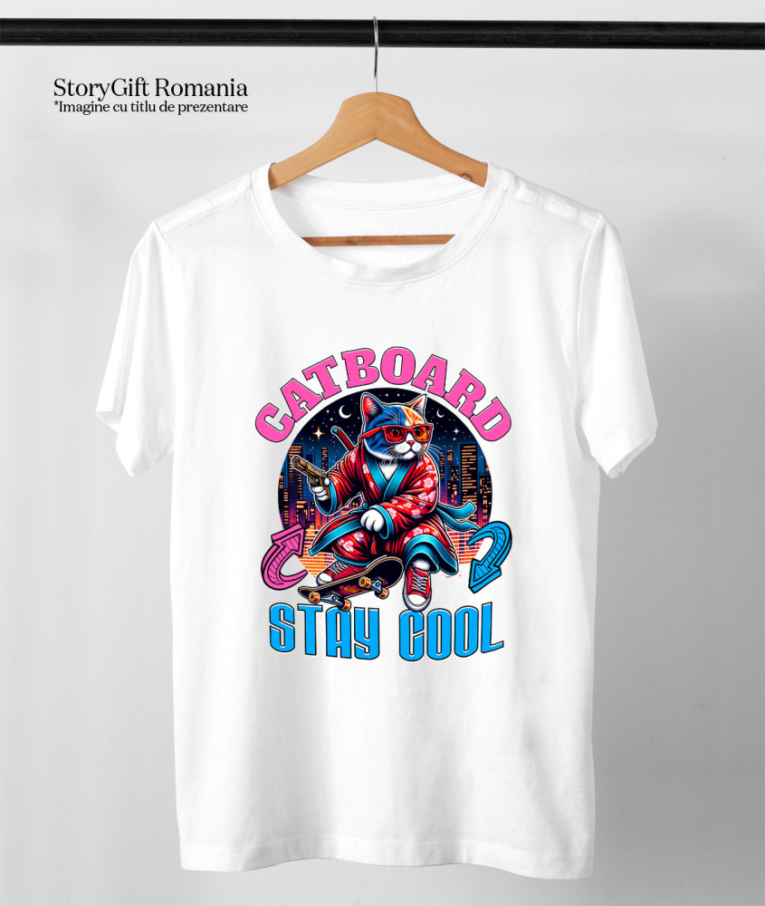 Tricou Femei, Barbati, Copii, Fata, Baiat, Unisex Personalizat Pisica Cu Skateboard – Ținută Asiană Urbană – Stay Cool – Cadou Personalizat Pentru Familie și Iubitorii De Pisici [3]