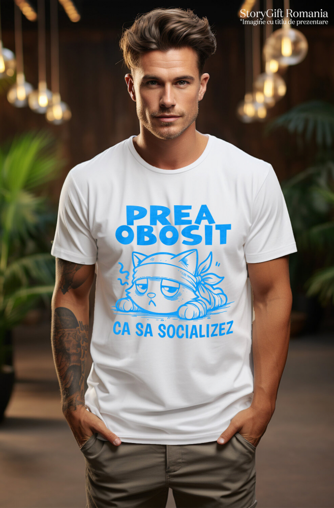 Tricou Femei, Barbati, Copii, Fata, Baiat, Unisex Personalizat Pisica Extenuată Tristă Cu Mesaj „Prea Obosit Ca Să Socializez” – Cadou Amuzant Pentru Iubitorii De Motani [2]