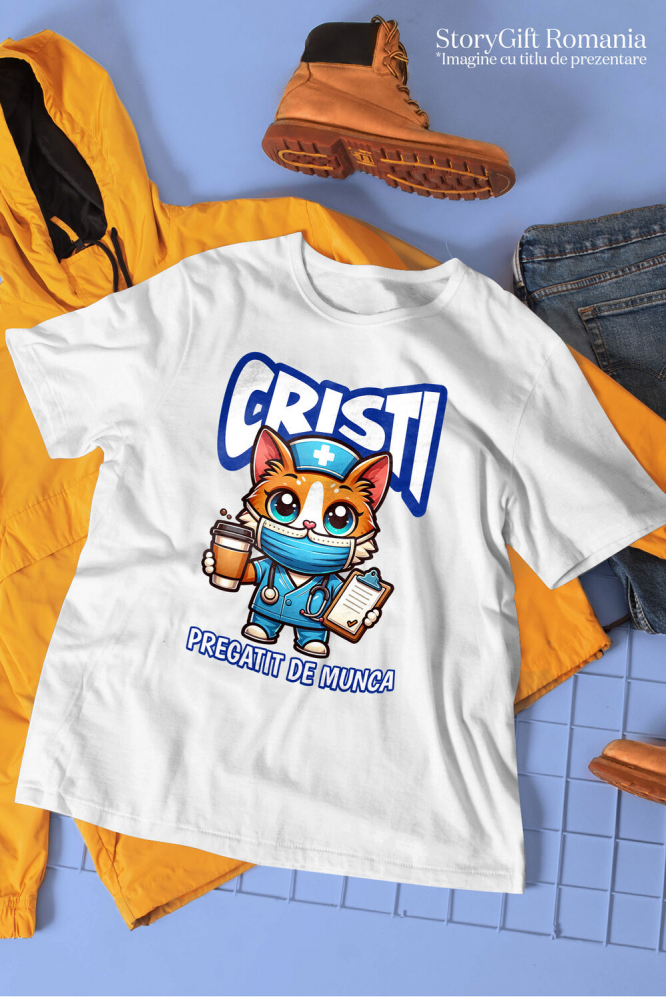 Tricou Femei, Barbati, Copii, Fata, Baiat, Unisex Personalizat Pisică Doctor Cu Cafea – Design Amuzant pentru Cadouri Personalizate [3]