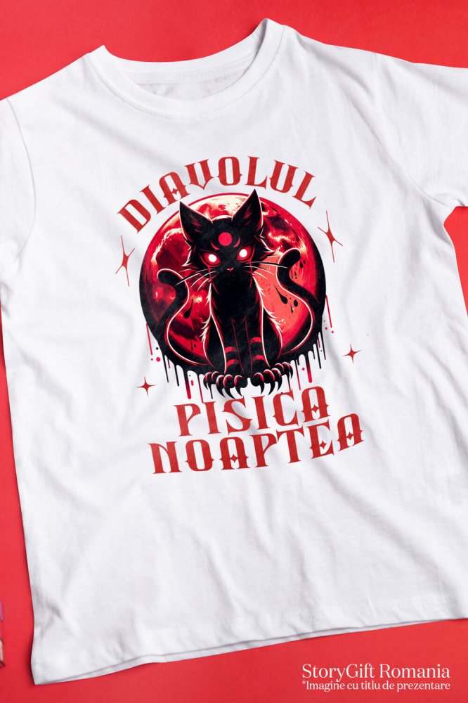 Tricou Femei, Barbati, Copii, Fata, Baiat, Unisex Personalizat Pisica Horror cu Ochi Roșii | Diavolul Pisica de Halloween [3]