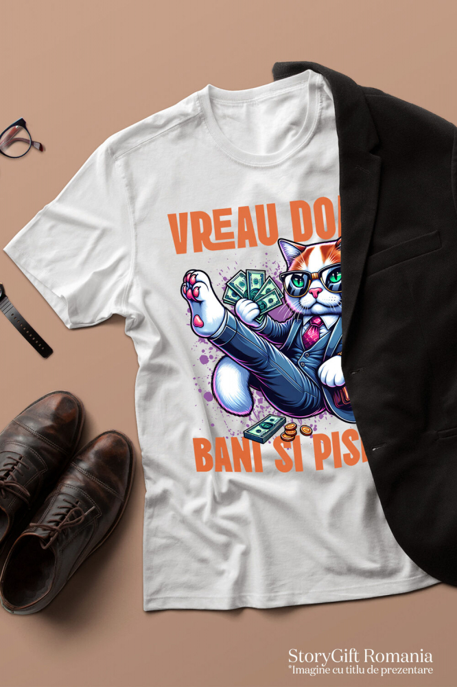 Tricou Femei, Barbati, Copii, Fata, Baiat, Unisex Personalizat Pisica în Costum Office cu Bancnote Bani - Avere și Lux pentru Iubitorii de Pisici [3]