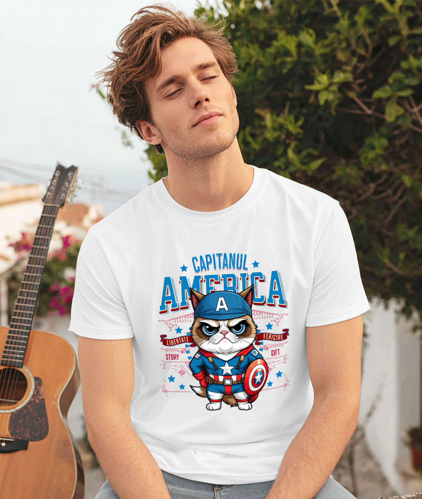Tricou Femei, Barbati, Copii, Fata, Baiat, Unisex Personalizat Pisica Morocănoasă / Grumpy Cat în Costum de Captain America cu Pelerină - Cadou Personalizat pentru Copii și Iubitorii de Pisici [2]