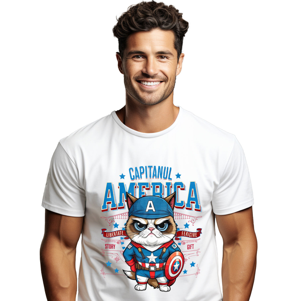 Tricou Femei, Barbati, Copii, Fata, Baiat, Unisex Personalizat Pisica Morocănoasă / Grumpy Cat în Costum de Captain America cu Pelerină - Cadou Personalizat pentru Copii și Iubitorii de Pisici [1]