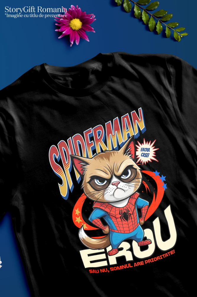 Tricou Femei, Barbati, Copii, Fata, Baiat, Unisex Personalizat Grumpy Cat în Costum Spider-Man cu Pelerină - Cadou Personalizat pentru Iubitorii de Pisici și Copii [3]