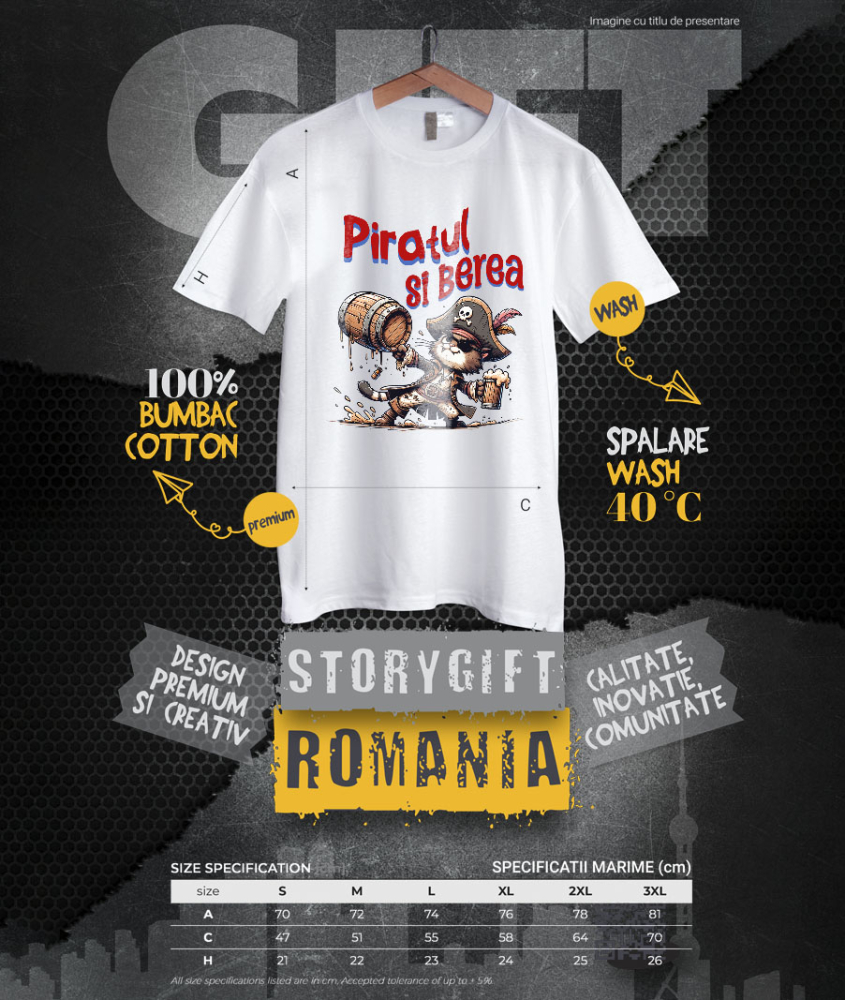Tricou Femei, Barbati, Copii, Fata, Baiat, Unisex Personalizat „Pisica Motan cu Palarie de Pirat și Halba de Bere - Cadou pentru Copii cu Tema Piraților și Desene Animate” [4]