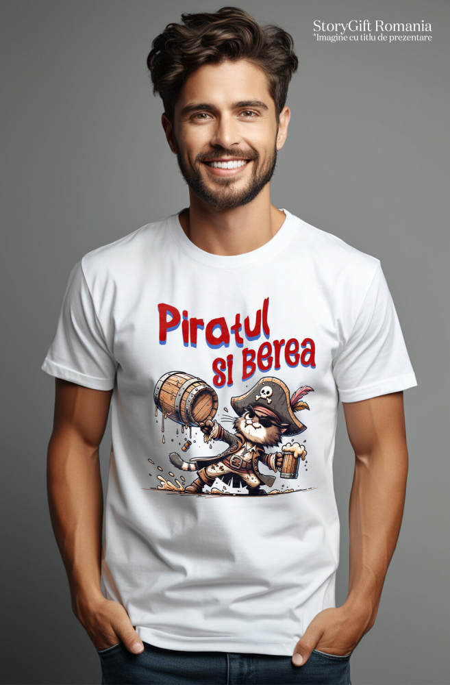 Tricou Femei, Barbati, Copii, Fata, Baiat, Unisex Personalizat „Pisica Motan cu Palarie de Pirat și Halba de Bere - Cadou pentru Copii cu Tema Piraților și Desene Animate” [2]