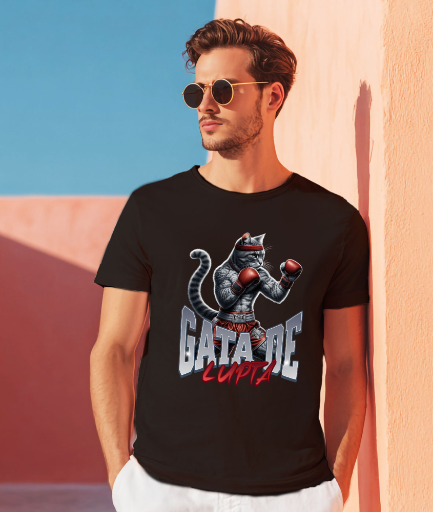 Tricou Femei, Barbati, Copii, Fata, Baiat, Unisex Personalizat Pisica Motan Gri cu Mănuși și Echipament Roșu – Box și Sport de Contact Motivational [2]