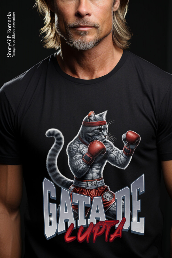 Tricou Femei, Barbati, Copii, Fata, Baiat, Unisex Personalizat Pisica Motan Gri cu Mănuși și Echipament Roșu – Box și Sport de Contact Motivational [2]