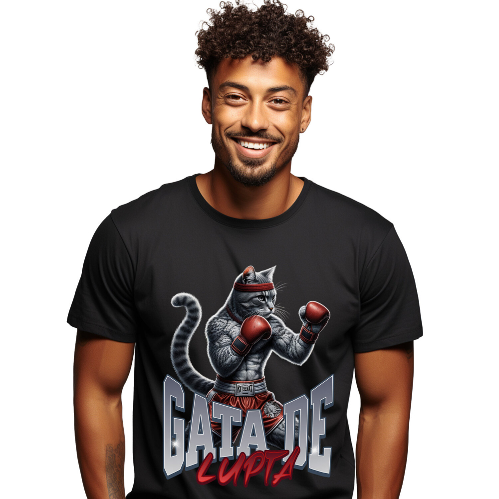 Tricou Femei, Barbati, Copii, Fata, Baiat, Unisex Personalizat Pisica Motan Gri cu Mănuși și Echipament Roșu – Box și Sport de Contact Motivational [1]