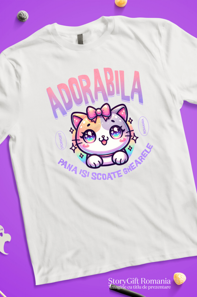 Tricou Femei, Barbati, Copii, Fata, Baiat, Unisex Personalizat Pisica Multicoloră Cu Funda Și Ochii Strălucitori „Adorabilă Până Își Scoate Ghearele” – Cadou Amuzant Pentru Iubitorii De Pisici [3]