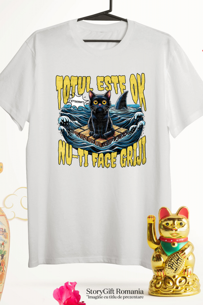 Tricou Femei, Barbati, Copii, Fata, Baiat, Unisex Personalizat Pisica Anxietate Pe Mare Cu Rechini „Totul Este Ok, Nu-ți Face Griji” – Cadou Amuzant Pentru Iubitorii De Pisici [3]
