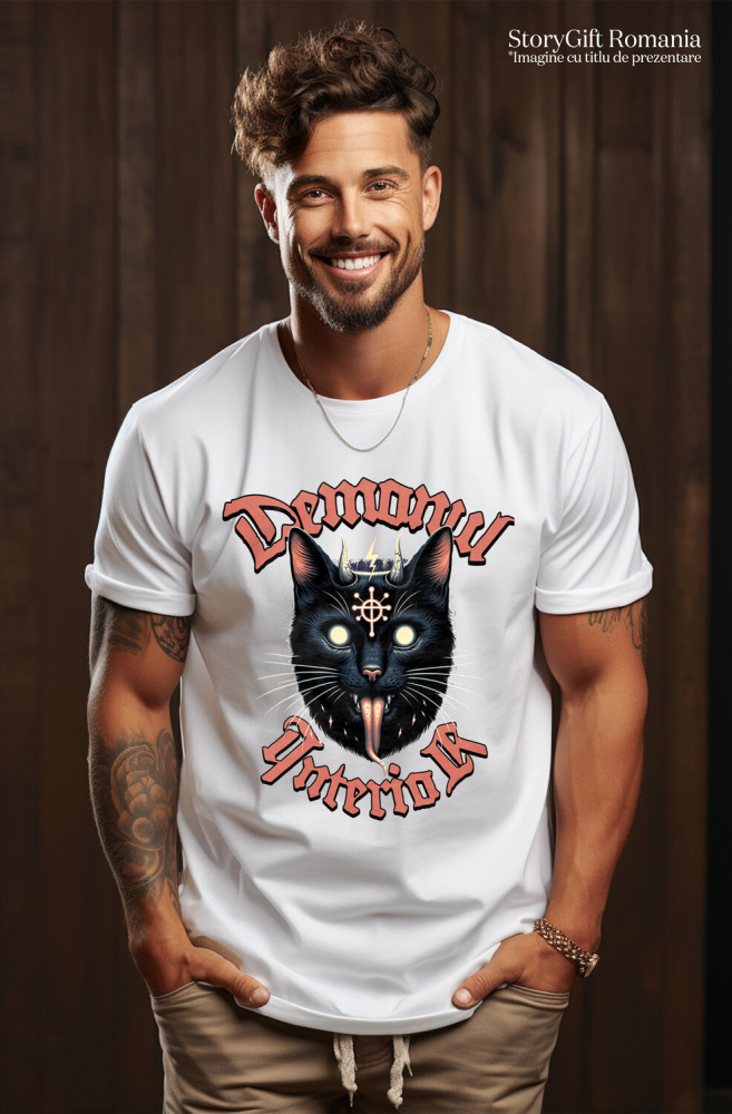 Tricou Femei, Barbati, Copii, Fata, Baiat, Unisex Personalizat Pisica Neagră Stil Iluminați Halloween – Cadou „Demonul Interior” pentru Iubitorii De Pisici și Halloween [2]