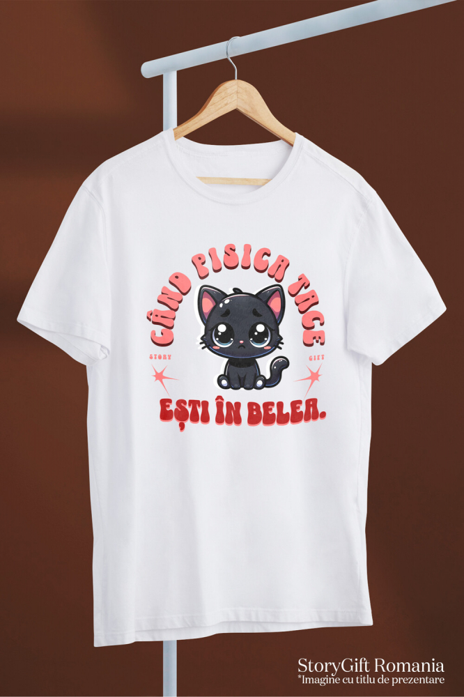 Tricou Femei, Barbati, Copii, Fata, Baiat, Unisex Personalizat Pisica Neagră Tristă „Când Pisica Tace Esti În Belea” – Cadou Amuzant Pentru Iubitorii De Pisici [3]