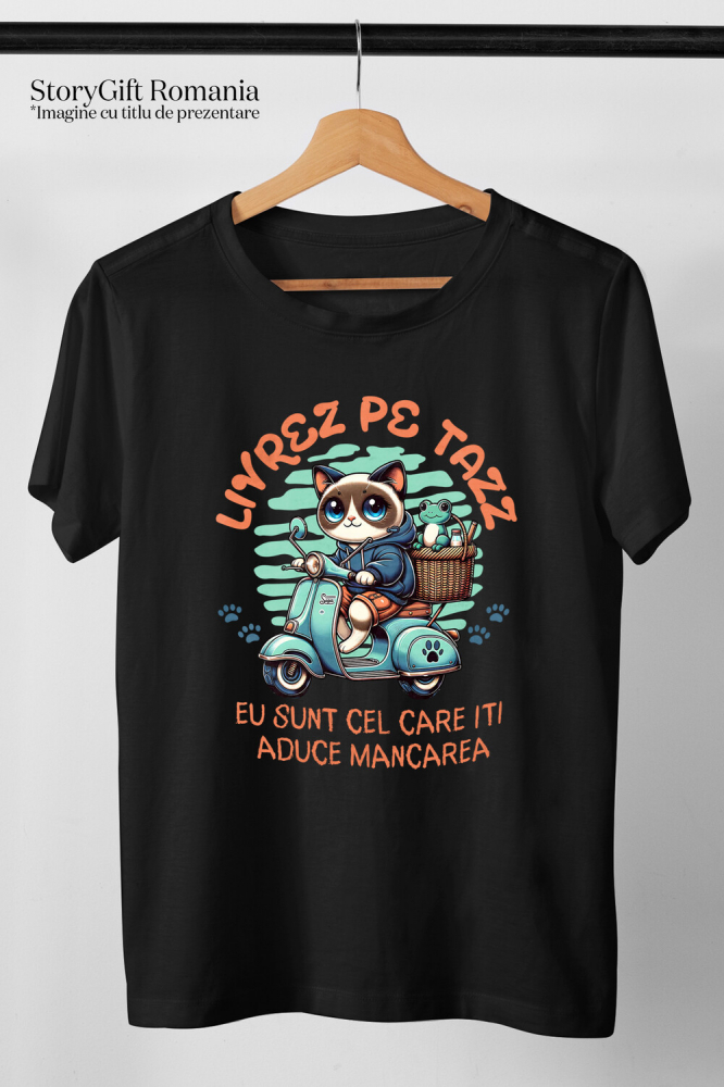 Tricou Femei, Barbati, Copii, Fata, Baiat, Unisex Personalizat "Pisica Albastră cu Cos de Picnic și Broască Țestoasă - Livrare Mâncare Tazz, Cadou Amuzant pentru Copii și Familie" [3]