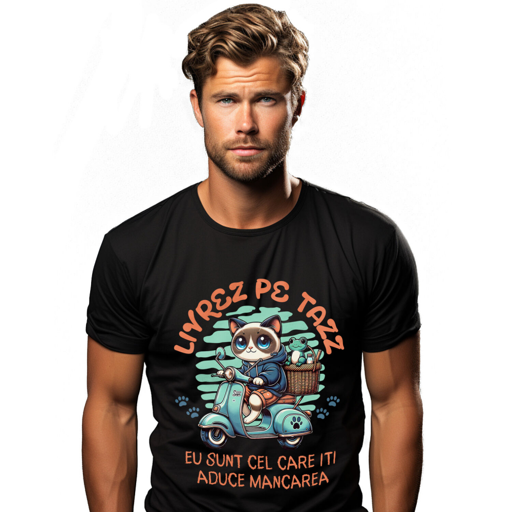 Tricou Femei, Barbati, Copii, Fata, Baiat, Unisex Personalizat "Pisica Albastră cu Cos de Picnic și Broască Țestoasă - Livrare Mâncare Tazz, Cadou Amuzant pentru Copii și Familie" [1]