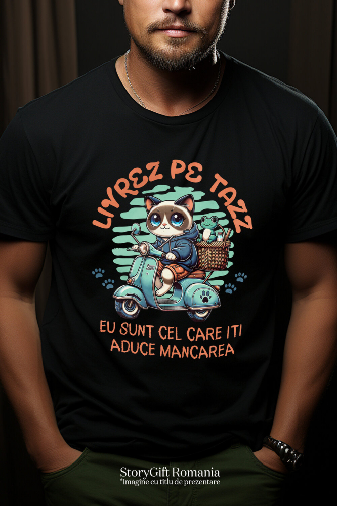 Tricou Femei, Barbati, Copii, Fata, Baiat, Unisex Personalizat "Pisica Albastră cu Cos de Picnic și Broască Țestoasă - Livrare Mâncare Tazz, Cadou Amuzant pentru Copii și Familie" [2]