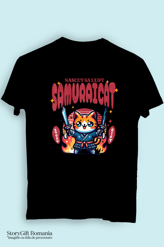 Tricou Femei, Barbati, Copii, Fata, Baiat, Unisex Personalizat Pisica Portocalie Samurai – Cadou Personalizat Născut Să Lupt Samuraicat pentru Familie și Prieteni [3]