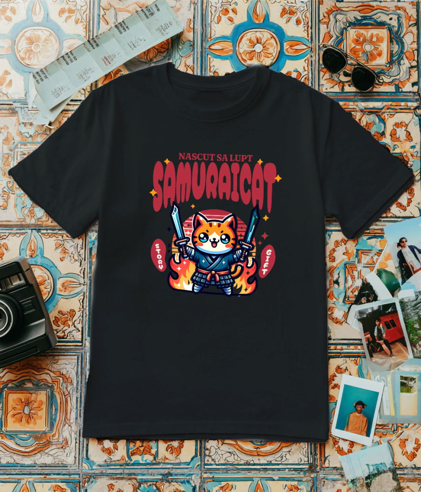 Tricou Femei, Barbati, Copii, Fata, Baiat, Unisex Personalizat Pisica Portocalie Samurai – Cadou Personalizat Născut Să Lupt Samuraicat pentru Familie și Prieteni [3]
